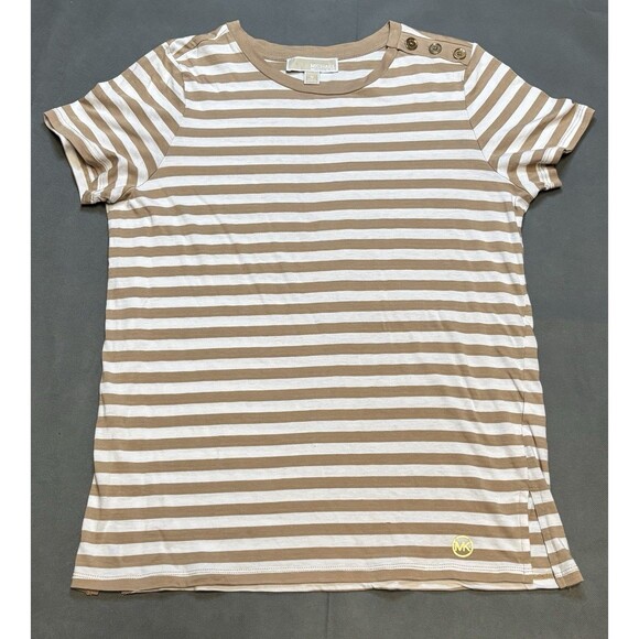 Michael Kors Shirt Womens Medium Beige Striped Top Buttons Shoulder Ladies - Picture 1 of 7